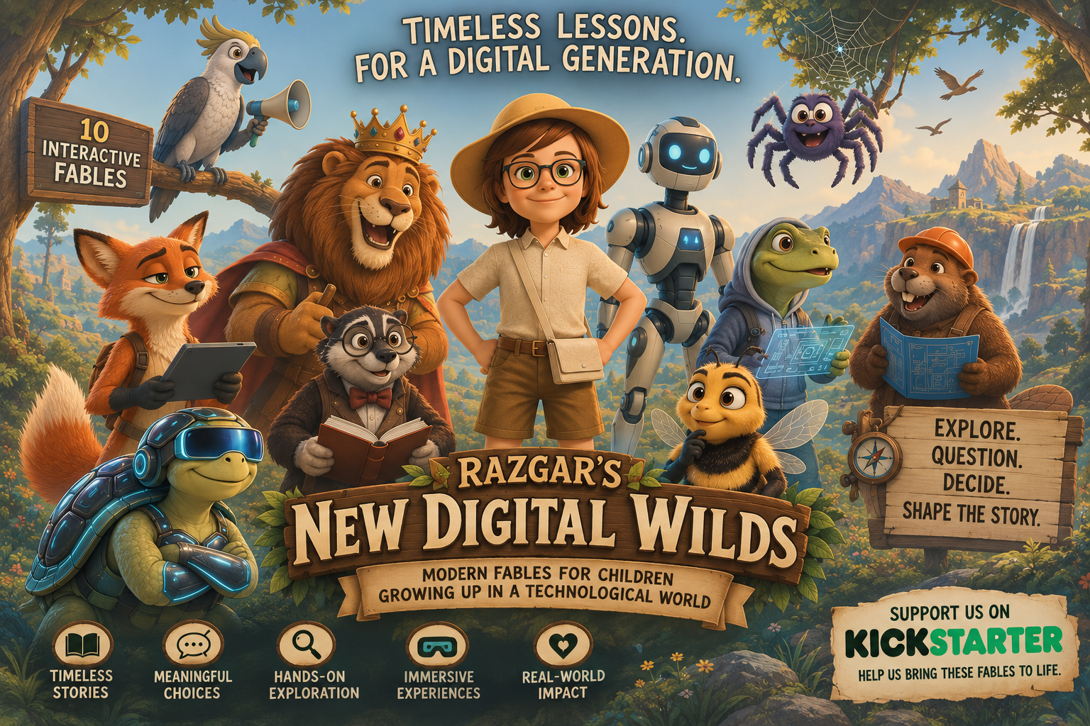 Razgar stands in a sunlit jungle surrounded by the fable characters: a fox with a tablet, a crowned lion, a robot, a spider, a hoodie-wearing lizard, a bee, a beaver engineer and a turtle in a VR headset.